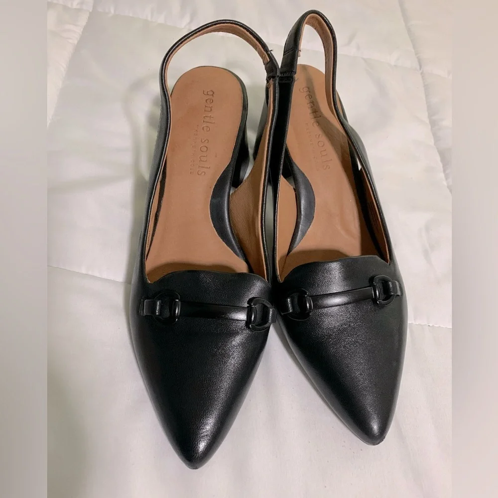 gentle souls Black Leather Slingback Block Heel Pumps